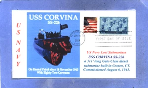 USS CORVINA SS-226 LOST WW II US Navy Submarine, Photo Color Cachet First Day PM - Picture 1 of 1