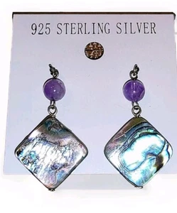 925 Sterling Silber Abalone Muschel & Amethyst Ohrhänger eckig Tropfen - Bild 1 von 1