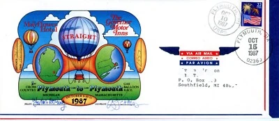 BALLOON-CARRIED MAIL 1987 361 MILES: PILOT SIGNED PLYMOUTH, MI TO PLYMOUTH, MA - Image 1 of 2