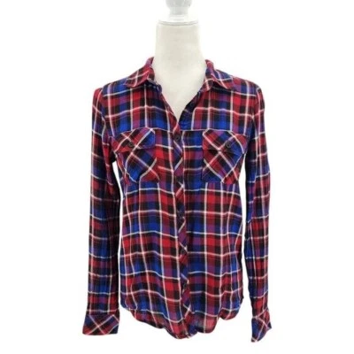 Blusa feminina de metal mulisha flanela xadrez vermelha azul branca preta botão pequena - Imagem 1 de 4