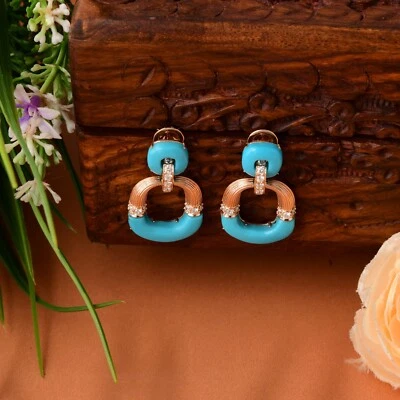 10.85 TCW Lab Grown CVD Diamond Blue Turquoise Dangle Earrings 18k Rose Gold - Image 1 of 4