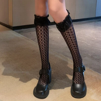 Lolita Mädchen Spitzen Strumpf Rüschen Hohl Out Knie Lange Socken Japanisch Süß - Bild 1 von 4
