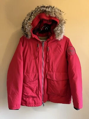 Chaqueta Abrigo de Plumón de Ganso Woolrich 650 Capucha de Piel para Mujer Talla Mediana Roja Cremallera Invierno Foto 1 de 4
