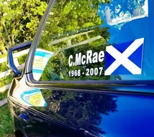 PEGATINAS DE VENTANA TRASERA COLIN MCRAE EN BLANCO BANDERA ESCOCESA COCHE RALLY X2 CON FECHA - Imagen 1 de 5