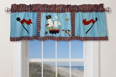PIRATE COVE VALANCE : BOYS BLUE SHIP TREASURE ISLAND COTTON WINDOW - Image 1 of 2