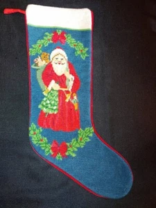 Vintage SFERRA Needlepoint Christmas Stocking old Santa With Tree & garland 23” - Picture 1 of 4
