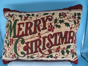 Merry Christmas Tapestry Throw Pillow W/ Holly & Berries Green Back 12" x 9" - Picture 1 of 7