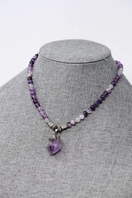 Аметист бисером ожерелье необработанный аметист подвеска уникальный сердце серебряного тона застежка - Изображение 1 из 4