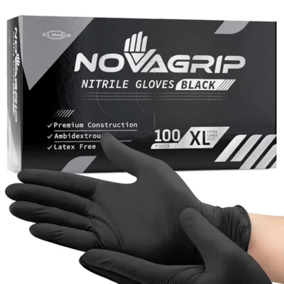 JFA MEDICAL Black Nitrile Gloves - 100 Powder Free Novagrip Gloves - Textured Fingers