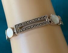 Vintage 925 Sterling Silver Marcasite Mother Of Pearl Chain Link Bracelet 7.5"