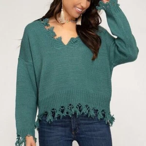 Distressed Green Pullover Loose Boxy V-Neck Knit Long Sleeve Women's Sweater M/L - Picture 1 of 9