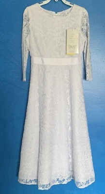 NUEVO Vestido Tutú Iglesia Niña Flor Blanco 5/6 Plisado Encaje Mangas Largas Flor Foto 1 de 4