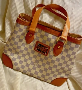 Auth Louis Vuitton Damier Azur Beige Leather Women's Hampstead PM - Picture 1 of 14