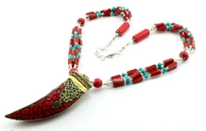 Anhänger Halskette Tibetischer Türkis Rot Quarz Edelstein Perlenschmuck 105 G... - Bild 1 von 3