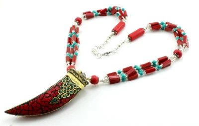 Anhänger Halskette Tibetischer Türkis Rot Quarz Edelstein Perlenschmuck 105 G... - Bild 1 von 3