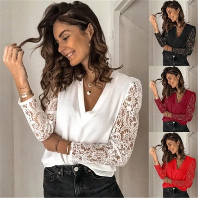 Tops Blouse Shirt V Neck Casual Loose Long Sleeve Shirts Lace Women Summer - Image 1 of 4