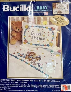 Bucilla Baby Stamped Cross Stitch "Loved A Lot Sheet & Pillowcase 42646 Vintage - Picture 1 of 5