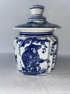 Barattolo Dechang Ceramica Sentire Non Parlare No Evil Scimmie con Coperchio Cinese Blu e Bianco - Foto 1 di 11