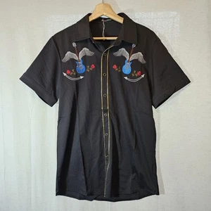 Camisa Negra Guitarra Atryone Para Hombres Vaquero Occidental Bordada Alas Detalle Dorado S? - Imagen 1 de 8
