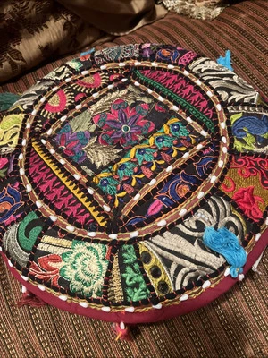 Round Throw Pillow Cover Footstool Floor Patchwork Embroidered Decor Cushion - Image 1 of 4