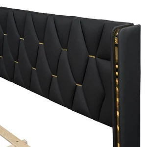 Upholstered Platform Bed with Wingback Metal Strips - Picture 1 of 5