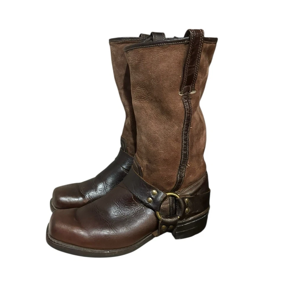 Frye Piel de Oveja Hebilla Arnés Cuero N Gamuza Marrón Puntera Cuadrada Botas Talla 9.5 M  Foto 1 de 4