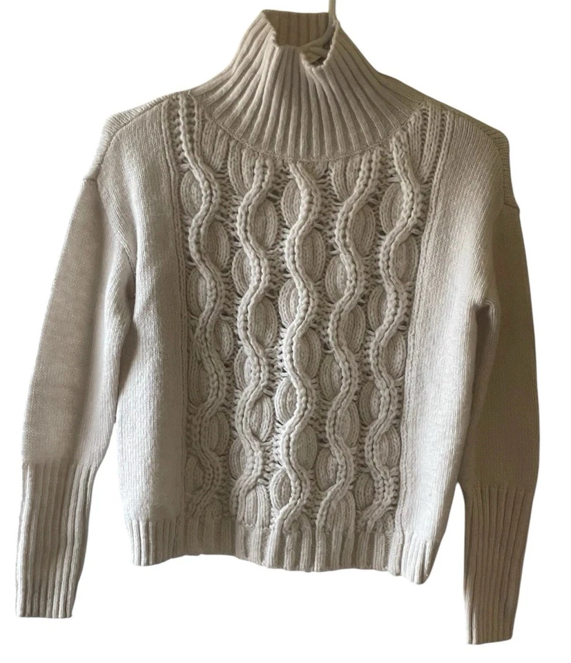 White House Black Market Sweater Chunky Cable Knit Fitted XS Ivory Wool Blend - Image 1 of 4