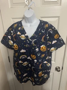 Gabby Brooke Scrub Top Halloween Skulls Jack O Lanterns Moons Planets NWT Fun - Picture 1 of 5