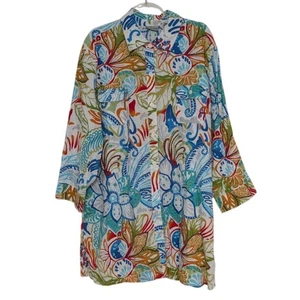 Túnica floral Chicos 3 para mujer talla XL blanca colorida lino algodón botón delantero - Imagen 1 de 10