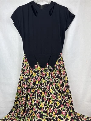 1950s 60's Black Floral Midi dress Cutouts Vintage Retro Handmade - Image 1 of 4