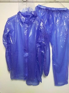 Soft bluish purple PVC vinyl rainsuit translucent hooded jacket pants raincoat - Picture 1 of 16