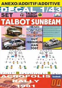 ANEXO DECAL 1/43 TALBOT SUNBEAM TOIVONEN & FREQUELIN ACROPOLIS R. 1981 (12) - Picture 1 of 1