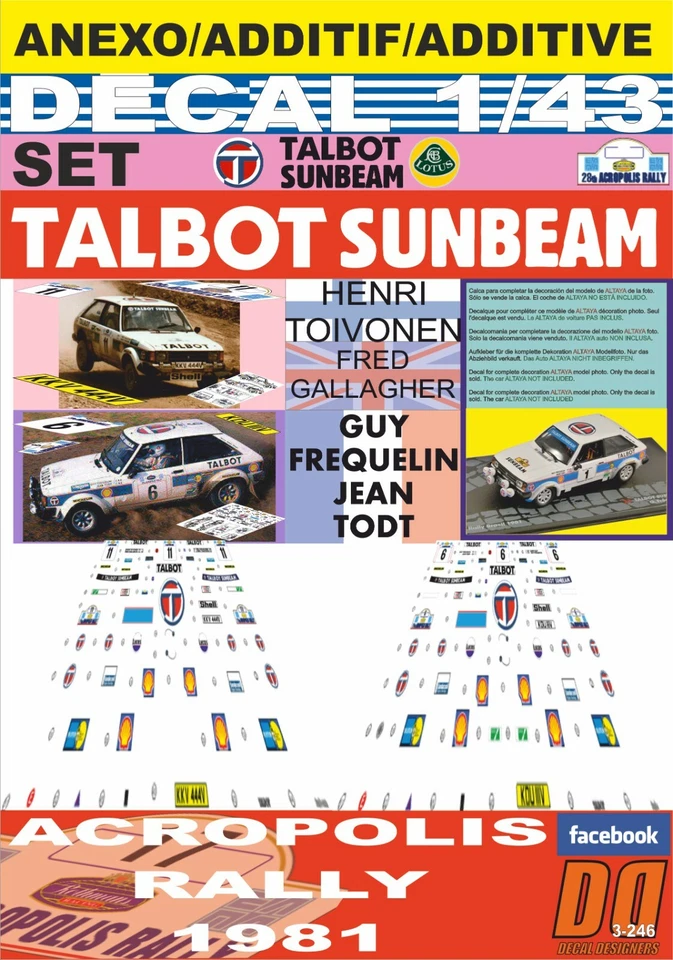 ANEXO DECAL 1/43 TALBOT SUNBEAM TOIVONEN & FREQUELIN ACROPOLIS R. 1981 (12) - Image 1 of 1