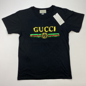GUCCI Women's Oversize T-shirt with Sequin Logo Short Sleeve - Black