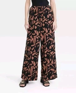 NWT A New Day Women's XL High-Rise Wide Leg Linen Pull-On Pants Black Brown - Picture 1 of 7