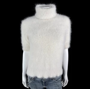 70% Angora Fuzzy THE LIMITED White Short Sleeve Turtleneck Sweater 34 in bust - Picture 1 of 10