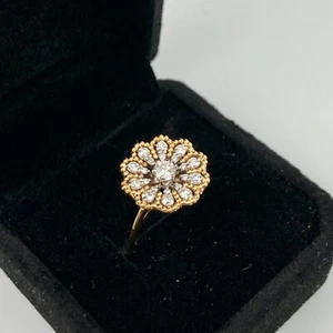 Antique Vintage Jabel 18k Diamond Flower Yellow & White Gold Ring Size 5 - Picture 1 of 7
