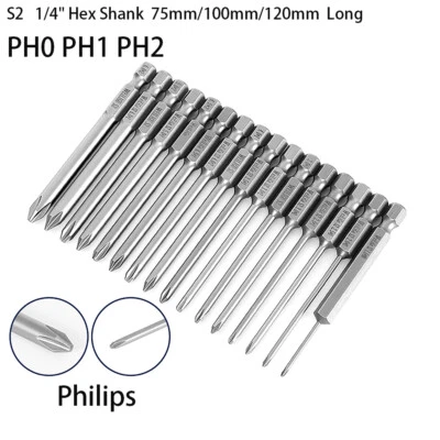Magnetic PH0 PH1 PH2 Phillips Head Screw Bit Long Impact Driver Drill Hex Shank - Image 1 of 4