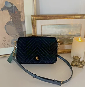 FLASH SALE! NWT Ralph Lauren Black Quilted Velvet RLL Crossbody Bag Gold Chain - Picture 1 of 17