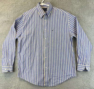 Nautica платье рубашка мужчин 15 32/33 синий желтый в полоску хлопок карман / 72-3 - Изображение 1 из 4