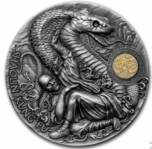 Shaolin Snake Martial Arts Styles 2 oz Antique finish Silver Coin 5$ Niue 2022 - Picture 1 of 5