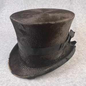Antique Victorian Beaver Fur Top Hat Down Hatter London 359 Strand W.L. 1800s - Picture 1 of 21