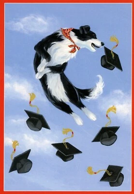 Caspari HAPPY GRADUATION Card, Collie Dog Jump Graduation Hats by Janine Moore - Image 1 of 4