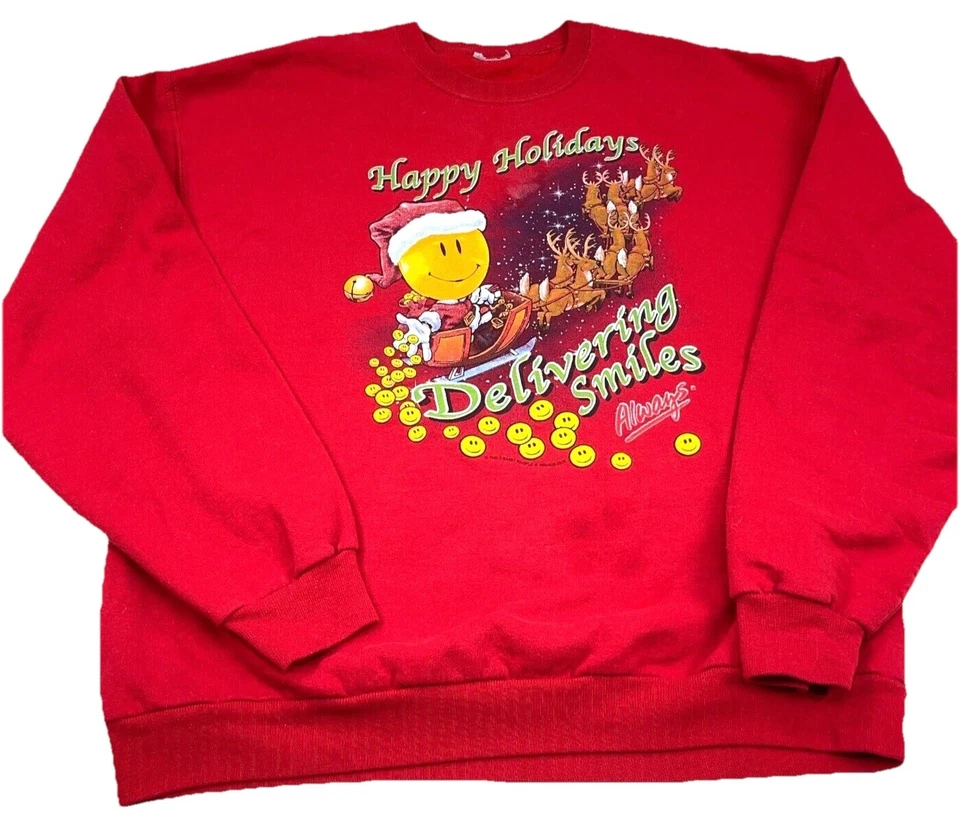 Vintage Christmas Sweater Women Large Red Crew Neck Sweatshirt USA 90s Smiley - Image 1 of 4