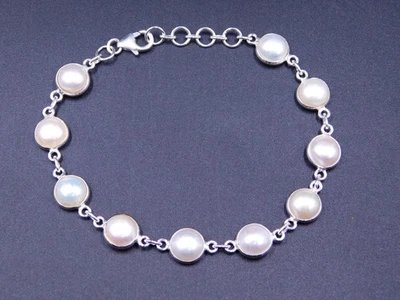 Brazalete con bisel de piedras preciosas de cabina de perlas naturales de plata de ley 925 de 10 Gm tamaño 8,4" Foto 1 de 4