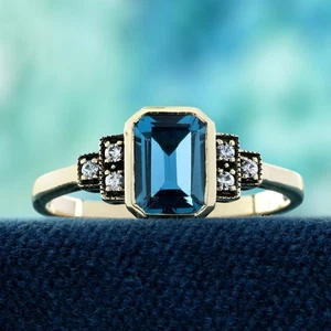 9K Yellow Gold London Blue Topaz White Sapphire Vintage Style Engagement Ring - Picture 1 of 9