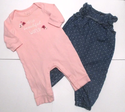 2 INFANTES NIÑAS BEBÉ HUECO AZUL DENIM LUNARES Y ROSA CONJUNTO LARGO TALLA 3-6 MESES Foto 1 de 4