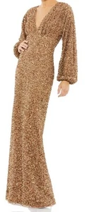 Vestido largo Mac Duggal 10791 Bishop manga abullonada bronce lentejuelas cuello en V talla ~ 4 ~ nuevo con etiquetas - Imagen 1 de 11