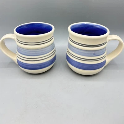Antigo Conjunto de 2 Canecas Pfaltzgraff Rio Azul Branco Listrado Grés Café - Imagem 1 de 4