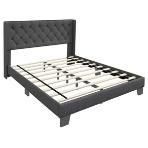 Upholstered Platform Bed Tufted Headboard Mattress Foundation Full Size Grey - Picture 1 of 9